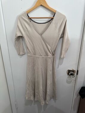 Ribbed Wrap-Style Midi Dress in Beige